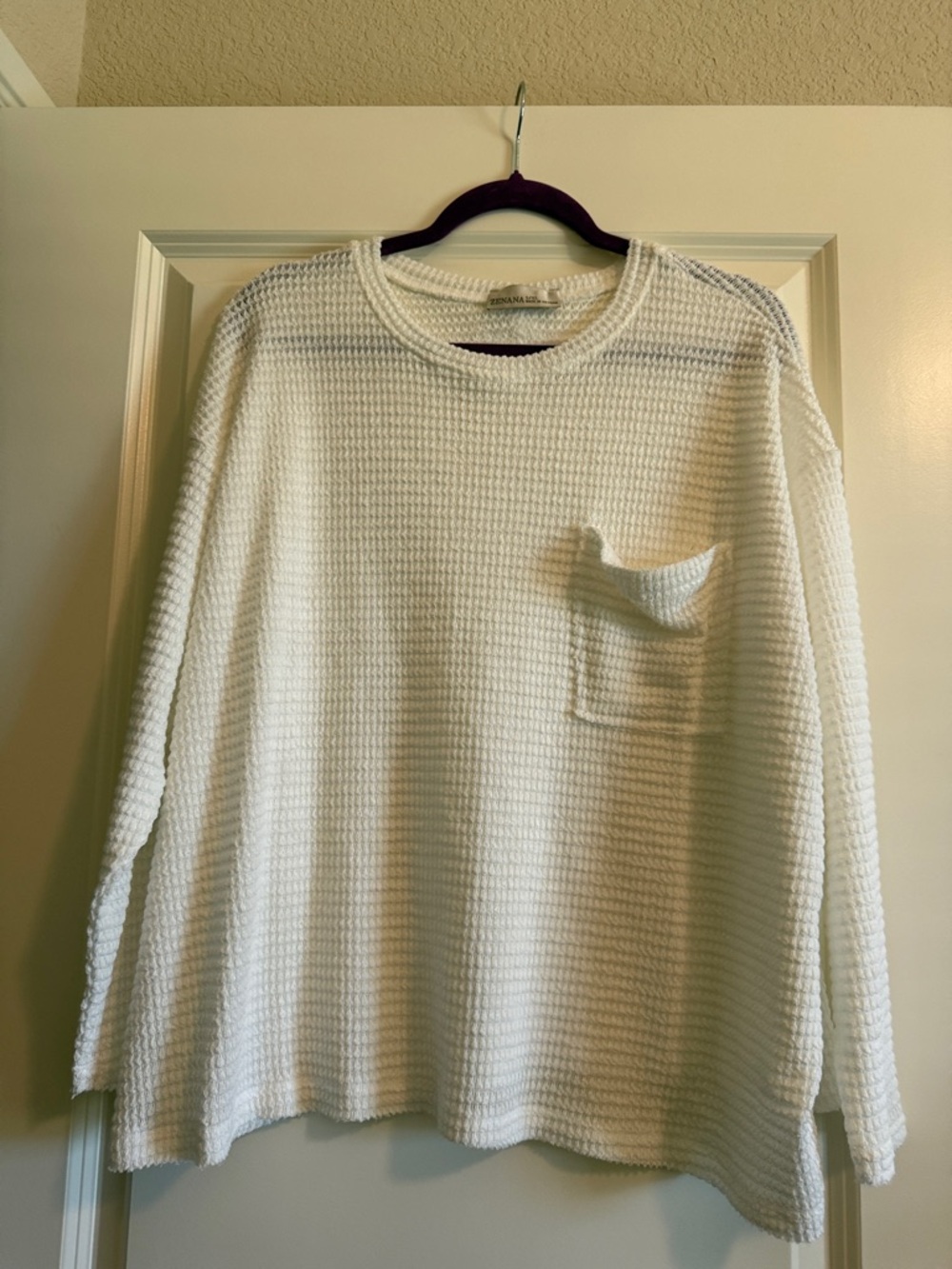 Zenana Relaxed White Waffle Knit Long-Sleeve Pocket Top